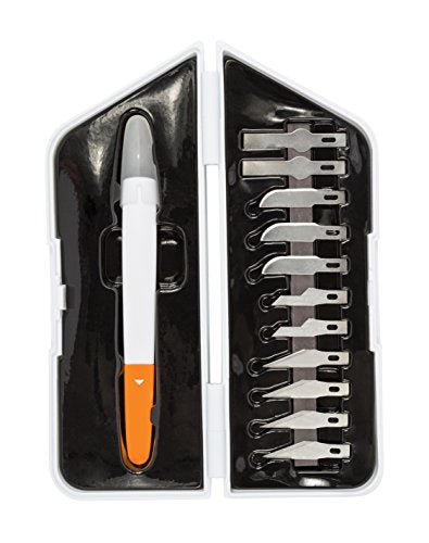Fiskars Easy Change Precision Craft and Utility Knife Set with 12 Blades | Cutting and Carving Set, Ergonomic SoftGrip Handle with No-Roll Design, Cut Paper, Photos & More, Plastic Case for Storage - style: Cutting & Carving Set