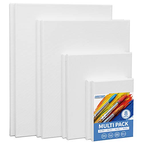 FIXSMITH Stretched Canvas, Multipack of 8, 5x7, 8x10, 11x14 & 12x16 Inches - 2 of Each, 100% Cotton, 8 oz Gesso-Primed, Art Supplies for Acrylic and Oil Painting. - size: Multipack-8Pack