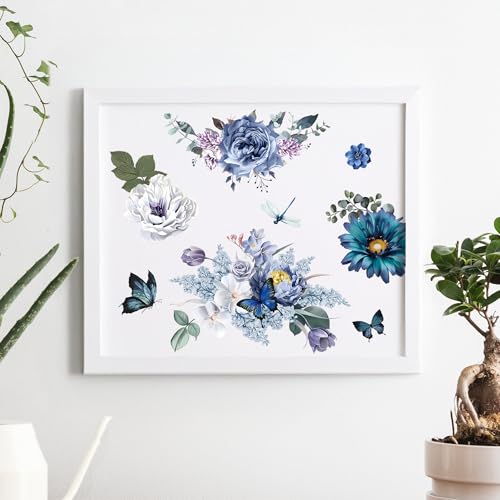 Joeyan Blue and Green Floral Rub On Transfers for Furniture and Crafts, 2 Large Design Sheets 12''x18'', DIY Home Decal on Wood Glass Metal Canvas Porcelain Paper Plastic, Flowers in The Field - style: Blue and Green Floral