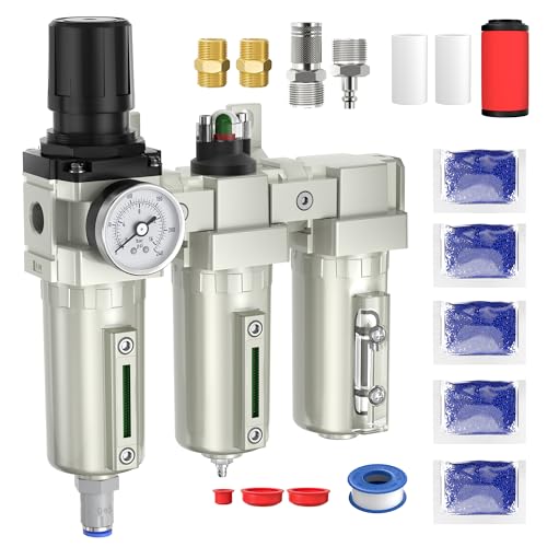 1/2" NPT Air Compressor Water Separator, Industrial Grade 3 Stage Air Drying System with 0-240 PSI Air Regulator, Particulate Filter, Coalescing Filter, Desiccant Dryer, Metal Bowl, Auto Drain - size: 1/2NPT