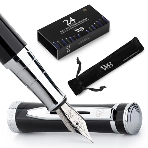 Wordsworth & Black Luxury Fountain Pen Set for Writing, Medium Nib, Black | Gift for Men & Women, Brass Body, German Iridium, Calligraphy, Converter + 24 Ink Cartridges, Refillable, Leak-Free - color: Black Chrome, style: Medium Nib