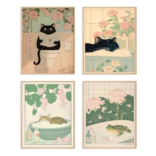 TWNSLLA Japanese Bathroom Wall Art Set of 4,Cute Cat&Frog in Bathtub Canvas Art Prints,Funny Bathroom Pictures Painting Netural Animal Wall Decor for Bedroom Kids Room Nursery,8x10in,Unframed - color: Japanese Bathroom