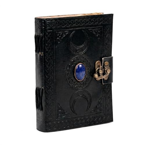 3 Moon Blue Lapis Embossed Vintage Leather Journal | 240 Pages of Antique Handmade Deckle Edge Vintage Paper, Leather Sketchbook, Drawing Journal, Great Gift (5 by 7 inch, black) - color: Black, size: 5 inch by 7 inch