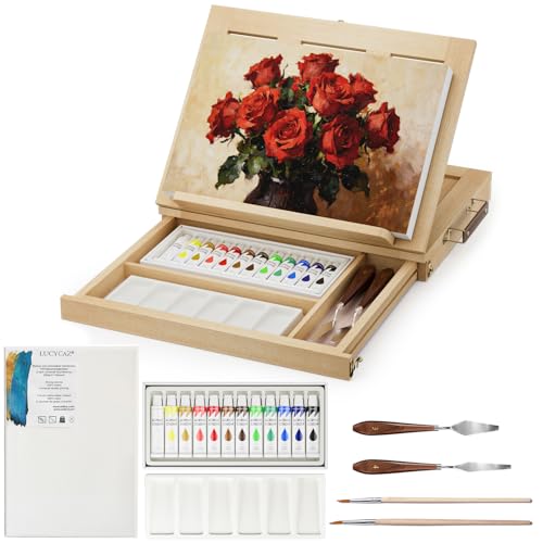 LUCYCAZ Art Easel for Painting,Pine-Wood Portable Easel Stand for Kids | Tabletop Painting Easel Set for Artists with Canvas, Acrylic Paints, Brushes, Palette and Palette Knives for Adults Beginners - style: Easel Set