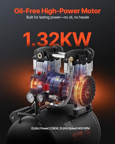 VEVOR Air Compressor, 10 Gallon Steel Tank, 2HP 5.3 CFM@90 PSI Oil Free Air Compressor & Max. 125PSI Pressure, 78dB Ultra Quiet Portable Compressor, for Auto Repair, Tire Inflation, Spray Painting - size: 10 Gallon