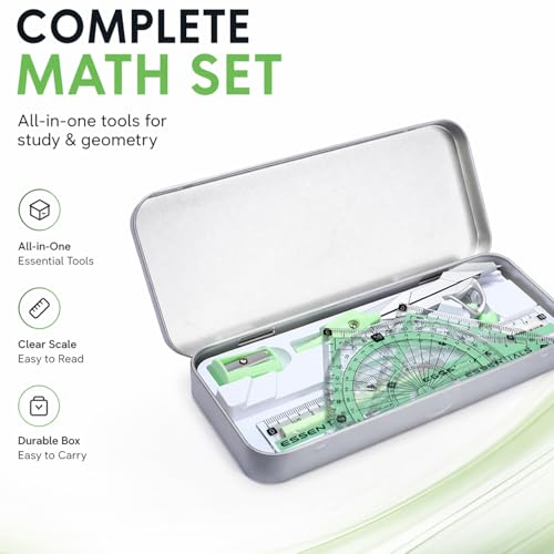 Compass Geometry Tool 9 Pcs Protractor and Compass Set Geometry Set Drawing Compass with Shatterproof Storage Box Includes Rulers Protractor Compass Eraser Pencil Sharpener Green