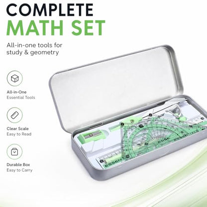 Compass Geometry Tool 9 Pcs Protractor and Compass Set Geometry Set Drawing Compass with Shatterproof Storage Box Includes Rulers Protractor Compass Eraser Pencil Sharpener Green