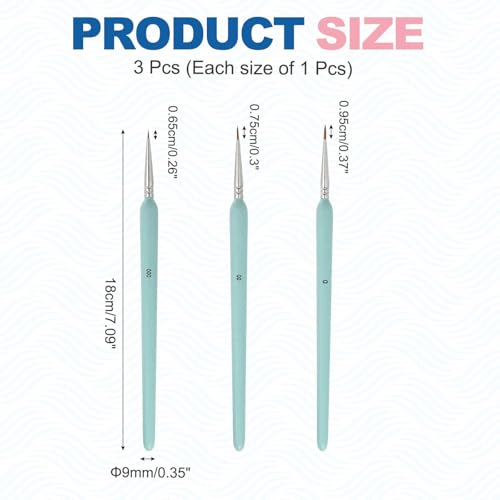 MECCANIXITY 3 Pcs Detail Paint Brushes Set, 6.5mm/7.5mm/9.6mm Fine Pointed Tip Miniature Paint Brushes for Acrylic Painting Oil Watercolor(000/00/0), Light Blue - color: Light Blue