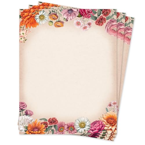 Flower Paper Stationery, Vintage Floral Letterhead Paper 8.5 x 11 Inches, 50 Sheets, Elegant Writing Paper, Pretty Stationary Paper, Decorative Printer Paper Set - color: Vintage Flowers 50 Set