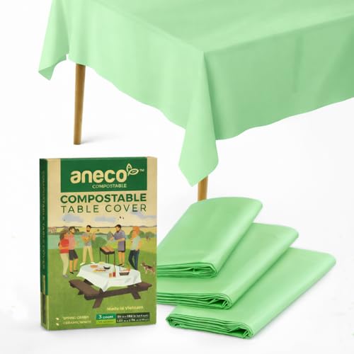 ANECO 100% Compostable Tablecloths for Rectangle Tables (54''x108'', 3 Count) - Green Disposable Rectangular Tablecloth - Anti-Plastic Table Cover for Outdoor, Party, Picnic, Wedding | Disposable, Rectangular, Anti-Plastic Table Cover, For Outdoor, Party,