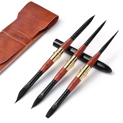 Dual Tip Travel Watercolor Brushes, Fuumuui 3pcs Synthetic Squirrel Hair Set of 6 Versatile Tips with Leather Pouch Perfect for Watercolor Gouache Ink Painting - color: Black