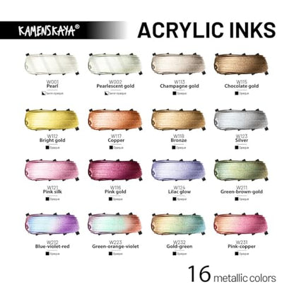 Kamenskaya Acrylic Ink Set – Chameleon Metallics – 4 x 1 Fl Oz Bottles - color: Blue-violet-red, Green-orange-violet, Pink-copper, Gold-green, style: Chameleon Metallic