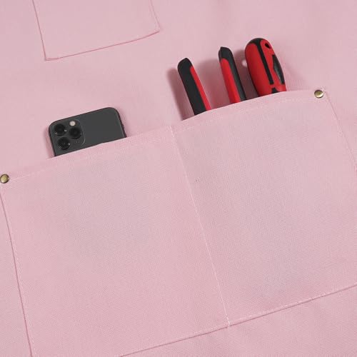 Chef Aprons for Men Canvas Apron with Large Pockets and Adjustable Neck Strap for Cooking,BBQ, Gardening - color: Pink