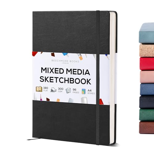 Beechmore Books A4 8.5x11 Mixed Media Sketchbook 300 GSM/140lb | Heavyweight Hardcover Art Notebook, 48 Micro-Perforated Pages Ivory Journal, Art Supplies for Painting, Acrylics & Wet Media - color: Charcoal Black, size: A4 - 8.5" x 11.5" Large