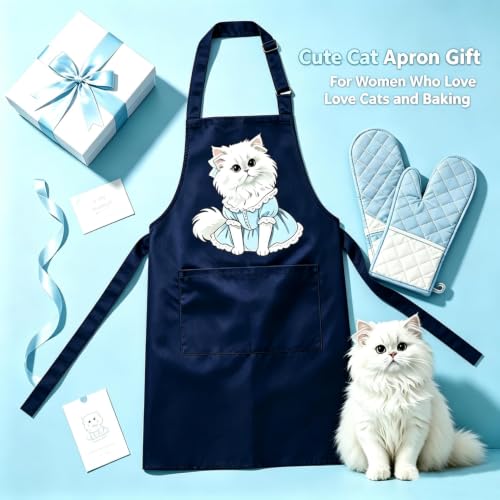 Unisex Cat Chef Apron, Adjustable Strap with Two Pockets | Thick waterproof fabric, machine washable. 27.5×31.5 in. Dual pockets for phones. Dual neck straps, long ties, cute cat print - color: Navy Blue