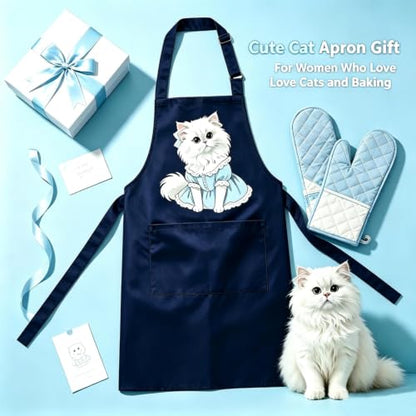 Unisex Cat Chef Apron, Adjustable Strap with Two Pockets | Thick waterproof fabric, machine washable. 27.5×31.5 in. Dual pockets for phones. Dual neck straps, long ties, cute cat print - color: Navy Blue