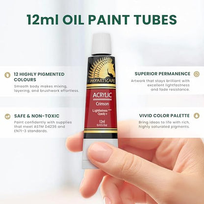 MyArtscape Artist Quality Painting Set - Acrylic Paint - 12 x 12ml Tubes with Pocket Paint Brush (Set 1) - 7 Artists' Paintbrushes