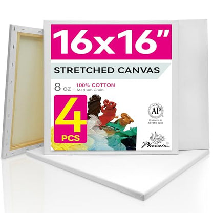 PHOENIX Stretched Canvas for Painting 16x16 Inch/4 Value Pack, 8 Oz Triple Primed 5/8 Inch Profile 100% Cotton White Blank Canvas, Square Framed Canvas for Oil Acrylic & Pouring Art - size: 16"x16", style: Studio Set (8 Oz.)