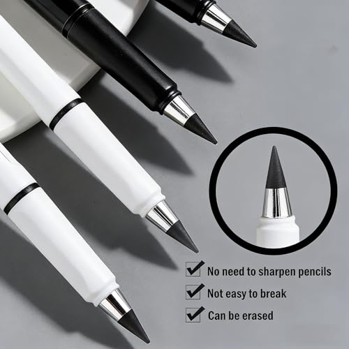 6 Sets Everlasting Pencil, Infinity Pen, NO-Sharpening Pencils for Writing Drawing Students Sustainable for Home Office School Supplies (6 Pens + 6 Erasers + 8 Replaceable Nibs) - color: Black+White