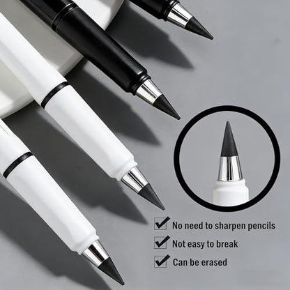6 Sets Everlasting Pencil, Infinity Pen, NO-Sharpening Pencils for Writing Drawing Students Sustainable for Home Office School Supplies (6 Pens + 6 Erasers + 8 Replaceable Nibs) - color: Black+White