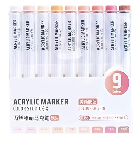 Skin tone Acrylic Paint Pen Markers, 9 Colors Soft Brush Tip Paint Pens for Wood Glass Eggs Rock Painting Canvas Stone Fabric DIY Crafts Making Art Supplies (Skin tone) - color: Skin tone