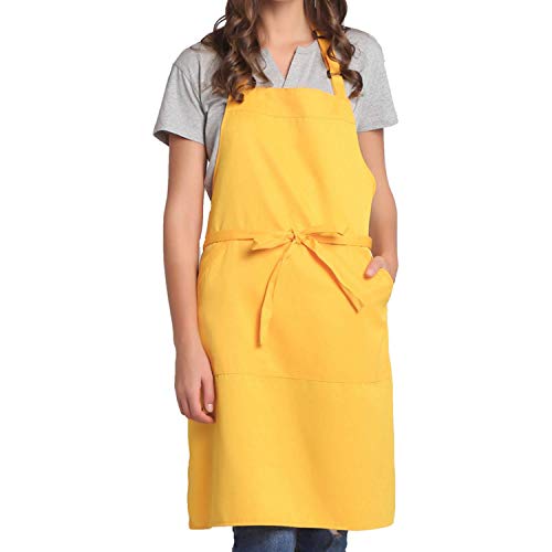 BIGHAS Adjustable Bib Apron with Long Ties for Women Men 18 Colors Chef Kitchen Cooking - color: Yellow