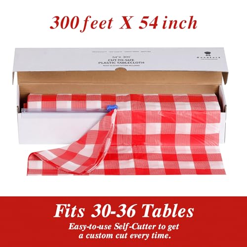 Goodluck 54 Inch X 300 Feet Plastic Table Cloths with Cutter Box, Red Checkered Disposable Table Cover Roll, Plastic Tablecloth for Party, Wedding, Birthday, Anniversary, Thanksgiving, Christmas - color: Red Checkered, size: 15.4" x 5.5" (Rectangular)