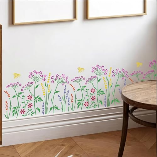 Large Flower Stencils for Wood Walls Wildflower Stencil 13.8" | Reusable Floral Sunflower Lavender Stencils for Painting on Wood Fence Wall Canvas Fabrics Furniture - style: Wildflowers