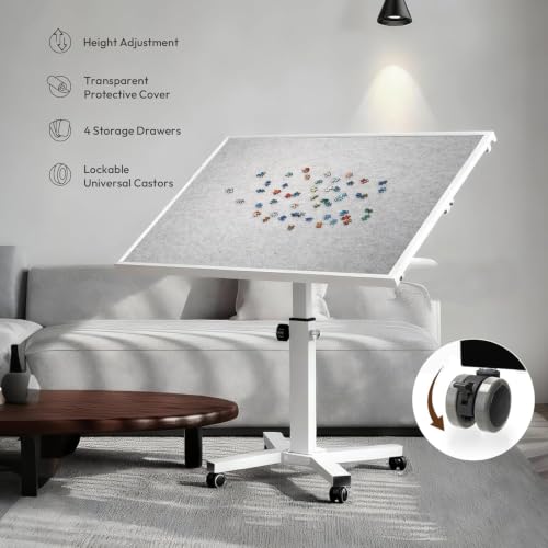 1500 Piece Jigsaw Puzzle Table with Legs, 35.43"x27.87" Metal Puzzle Tables for Adult (Stability Tested & Ergonomic), Adjustable Height & Tilt Angle, Wooden Puzzle Board with 4 Drawers & Cover - color: White（1500pcs）
