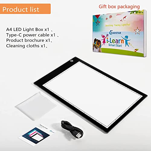XIAOSTAR Light Box Drawing Pad, 12000 Lux LED Tracing Board A4, USB Powered (Not Rechargeable) PMMA Panel, Adjustable Brightness for Diamond Painting, Sketching, Animation, X-Ray–Includes Accessories | for Artists,Animation Drawing,Sketching,Animation,X-r