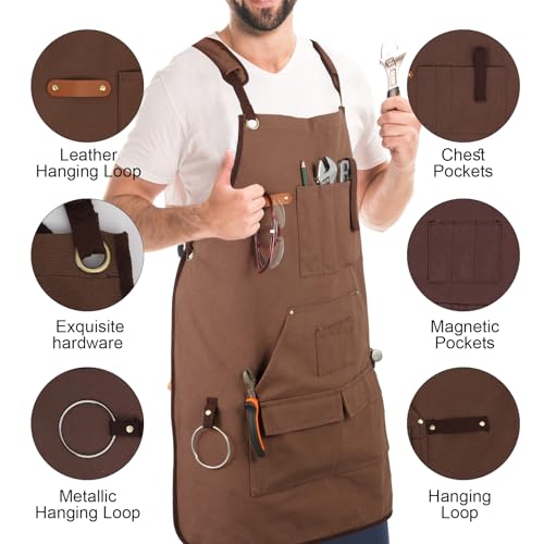 Men's Canvas Tool Apron, Heavy Duty Multi-Pocket Work Apron for Woodworking Gardening Bartender Adjustable Straps - color: Brown