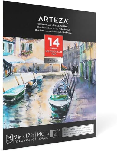 ARTEZA Watercolor Paper, 14 Sheets, 9x12 Inches Watercolor Pad, 140lb/300gsm, 100% Cotton, Double-Sided, Cold Press, Acid Free Art Paper - style: 14 Sheets (Double Sided)