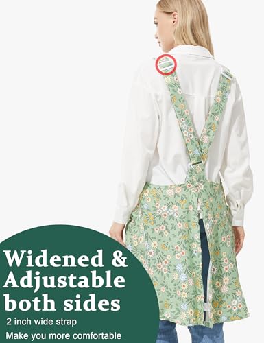 Cozy Adjustable Cross Back Aprons for Women with Pockets Cotton Linen Cooking Kitchen Baking - color: Green Sunflower