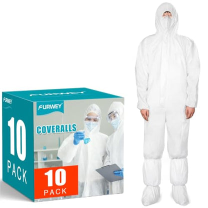 FURWEY Hazmat Suits 10 Pack Disposable Coveralls,with Shoe Covers,Elastic Wrists,Ankles and Hood,Available in 4 sizes(L-3XL) - size: X-Large