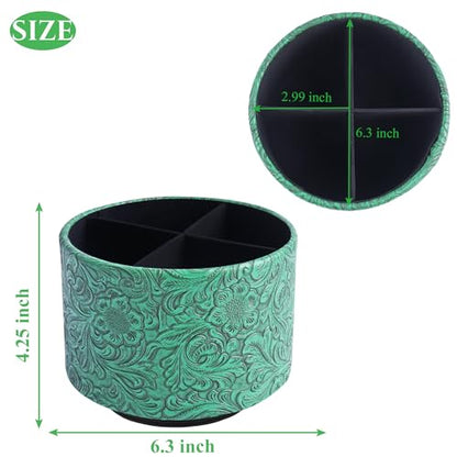 Round Leather Art Supply Organizer,Remote Control Holder,360 Degree Spinning,Multi-Functional Pencil Holder,4 Compartments Desktop Stationary Organizer(1-Carved Green) - color: 1-Carved Green