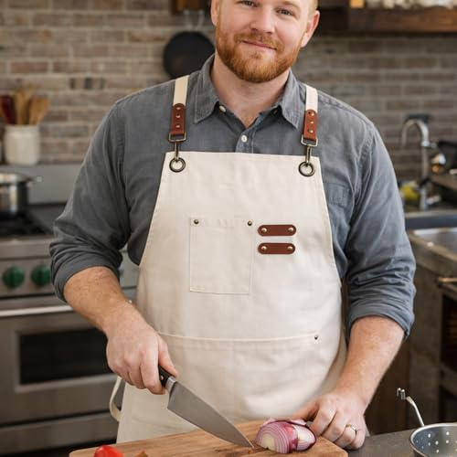 Chef Aprons for Men Canvas Apron with Large Pockets and Adjustable Neck Strap for Cooking,BBQ, Gardening - color: Cream