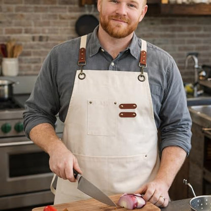 Chef Aprons for Men Canvas Apron with Large Pockets and Adjustable Neck Strap for Cooking,BBQ, Gardening - color: Cream