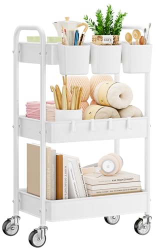 YASONIC 3 Tier Rolling Cart, Heavy Duty Metal Utility Cart with Wheel White | Sturdy Rolling Storage Cart With Hooks & Hanging Cups, Great For Craft, Art Workspace, Kitchen ,Snack And Office Storage - color: White