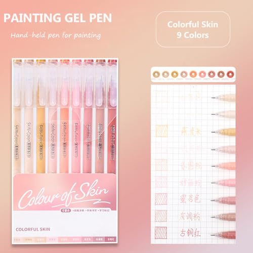 Gel Pens with 0.6mm Fine Point, 9 Colors Acrylic Drawing Gel Pen | Smooth Writing Pen Set for Journaling, Colour of Skin, Drawing Pencils for Adult Coloring Books - color: Colour of Skin