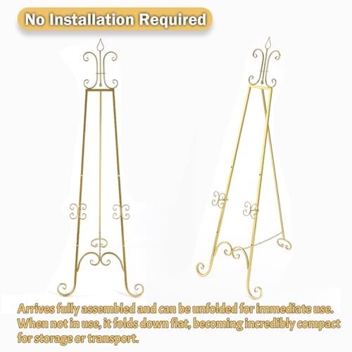 20"L x 26.75"W x 56.5"H Large Easel Stand for Display, Adjustable Heigh Metal Gold Easel Stand with Chain Support, Heavy Duty Easel for Mirror, Sign, Wedding, Picture Frame. (No Installation Required)