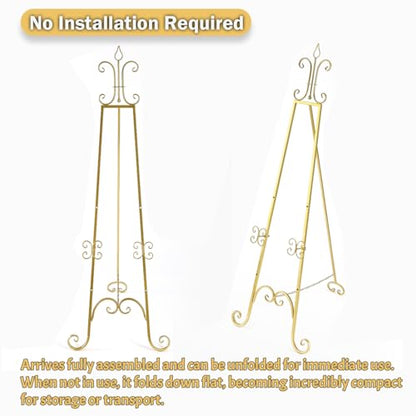 20"L x 26.75"W x 56.5"H Large Easel Stand for Display, Adjustable Heigh Metal Gold Easel Stand with Chain Support, Heavy Duty Easel for Mirror, Sign, Wedding, Picture Frame. (No Installation Required)