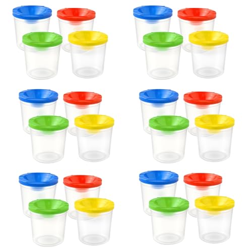 24PCS No Spill Paint Cups with Lids for Kids – Durable Plastic Paint Water Cup Set in 4 Colors, Reusable & Spill Proof for Classroom, Crafts, and Painting Projects