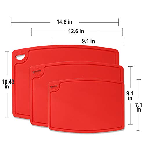 Liflicon Silicone Thick Cutting Boards Mats Set of 3pcs Foldable & Flexible Design Juice Grooves Easy Grip Handle Dishwasher Safe for Kitchen,BPA free Silicone Cutting Boards/Mats-Red - color: Red, size: 9.1"L x 7.1"W, 12.6"L x 9.1"W & 14.6"L x 10.4"W