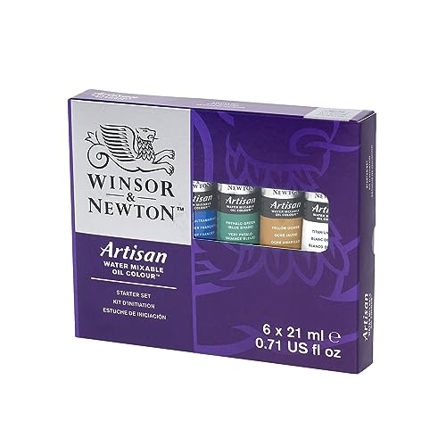 Winsor & Newton Artisan Water Mixable Oil Paint, Starter Set, 6 x 21ml | Clean with water; no solvents needed. Color depth, lightfastness, opacity/transparency are the same as traditional oils. - style: Starter Set 6 x 0.71-oz