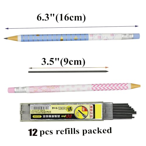 12 Pack 2.0mm Cute Mechanical Pencils with 12 Extra 2B Refill Leads