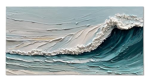 Art Hand-Painted 24x48 inches White and Blue Textured Abstract Art Wave Painting - Modern Abstract Art for Home Wall Decoration Art - color: Yi122