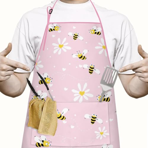 Apron with 2 Pockets,Kitchen Chef Artist Aprons for Cooking Gardening Baking Painting, Waterproof Apron 33" x 27" - color: Bee
