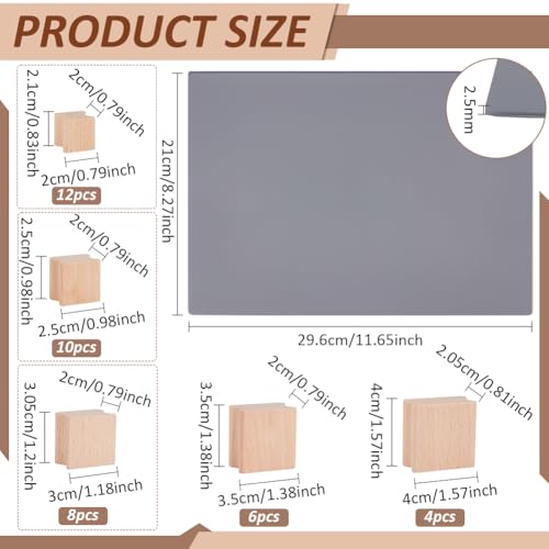 BENECREAT 40Pcs Wooden Stamp Blocks, 5 Sizes Blank Rubber Stamp Mounts with Rubber Stamp Sheet, Laser Engraving Rubber Seal Accessories for Crafts DIY