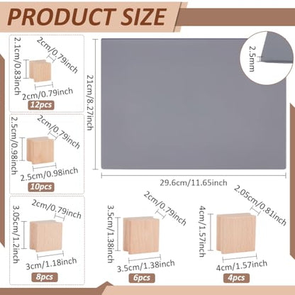 BENECREAT 40Pcs Wooden Stamp Blocks, 5 Sizes Blank Rubber Stamp Mounts with Rubber Stamp Sheet, Laser Engraving Rubber Seal Accessories for Crafts DIY