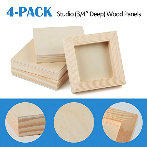 4 Pack 4x4’’ Unfinished Birch Wood Panels Kit for Painting | Studio 3/4’’ Deep Wooden Canvas, Cradle Boards for Acrylic Pouring, Art, Crafts, Epoxy Resin, Laser Engraving Cutting - size: 4'' x 4'' Studio